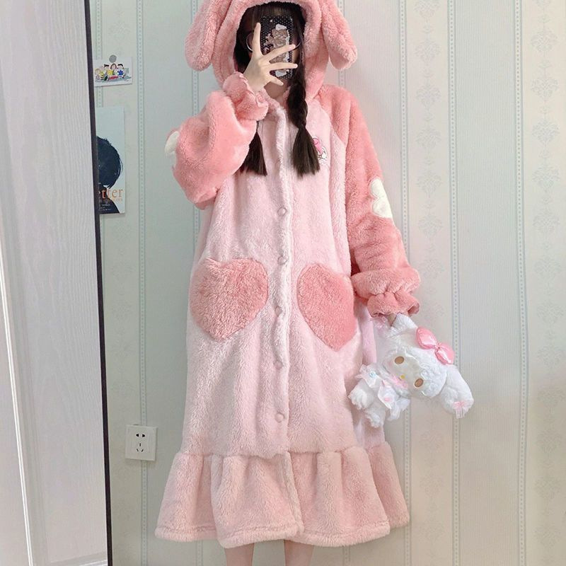 可爱美乐蒂睡衣女2024年新款秋冬季加绒加厚珊瑚绒睡袍甜美家居服