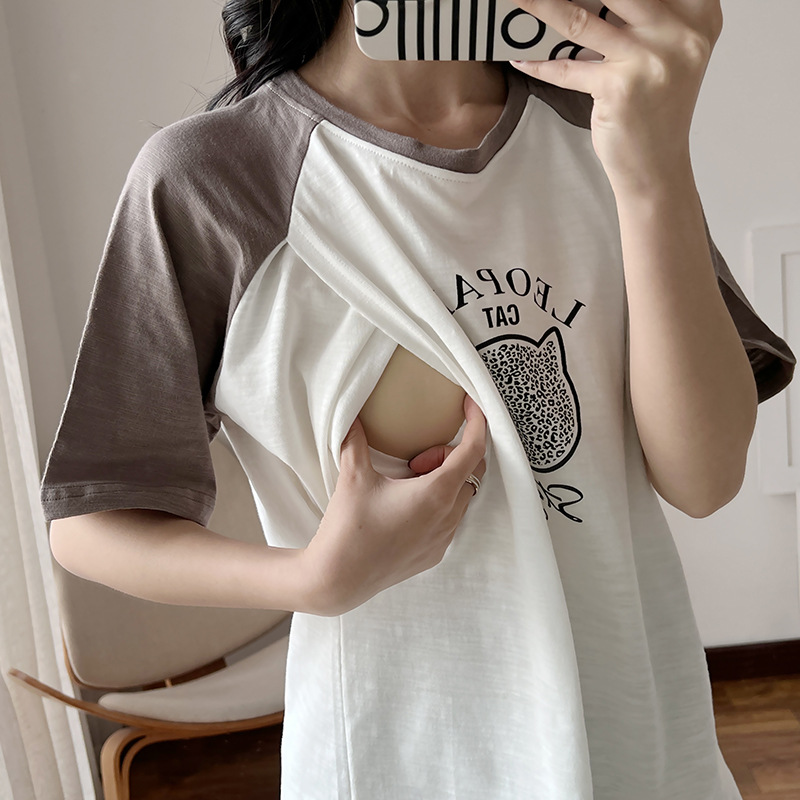 哺乳衣外出辣妈款夏季大码孕妇上衣短袖t恤喂奶衣春秋月子服夏装