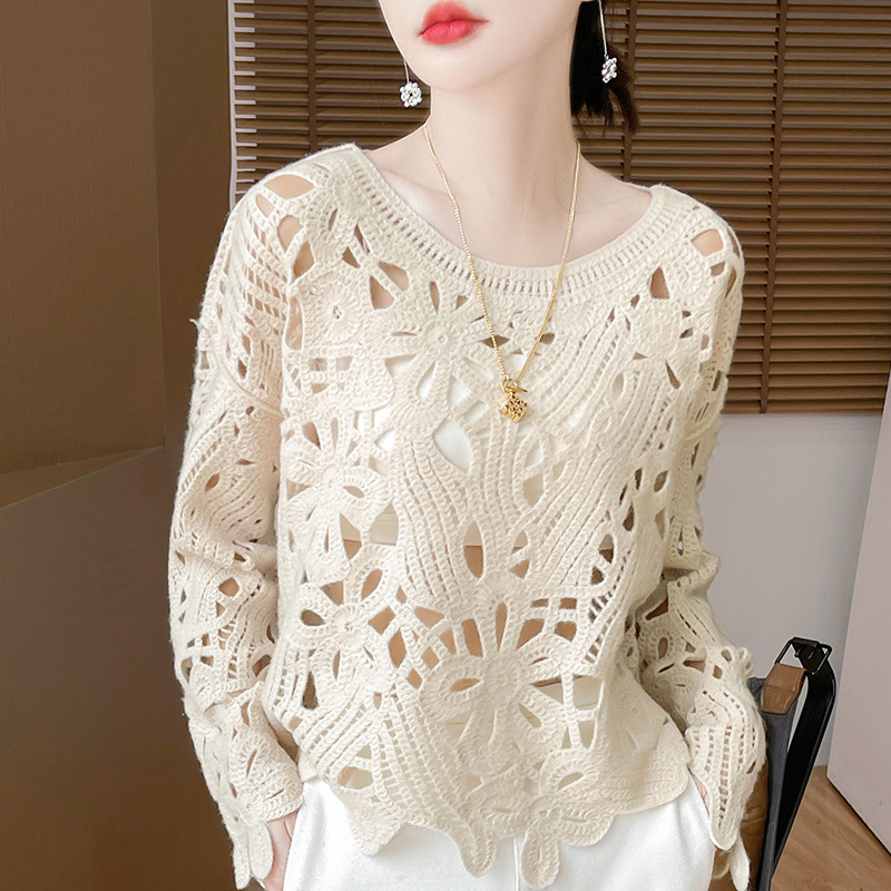 镂空外穿100全羊毛重工设计感宽松慵懒风针织衫长袖圆领上衣宽松