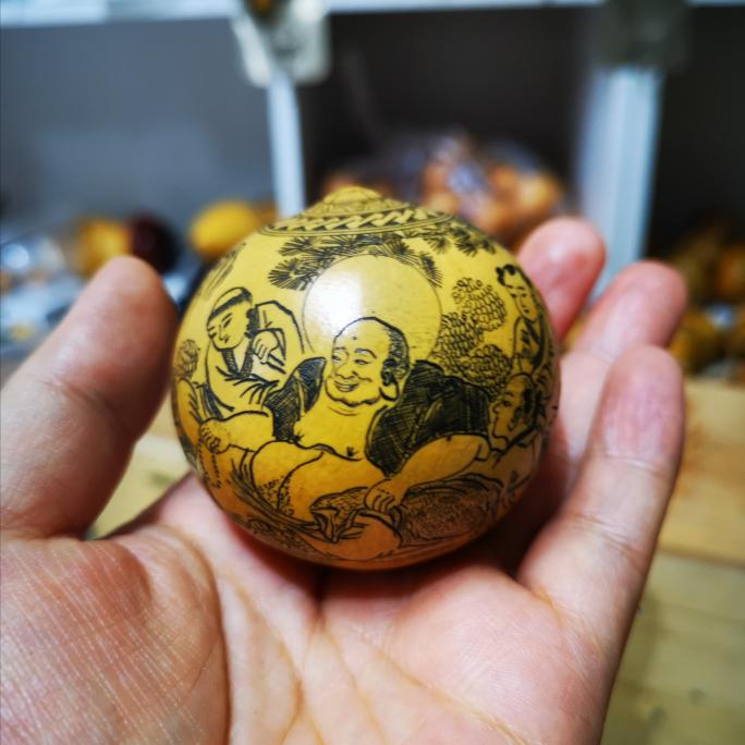 雅青阁葫芦手工针刺微雕墨刻鸡蛋葫芦皆大欢喜五子戏佛图