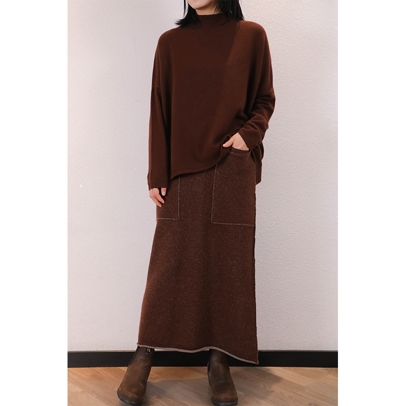 东雍 暮光 复古慵懒半高领前短后长加宽落肩袖羊绒针织毛衣套头衫