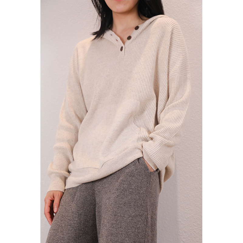 东雍 作个闲人 简约百搭宽松抽条口袋连帽运动羊绒针织套头衫卫衣