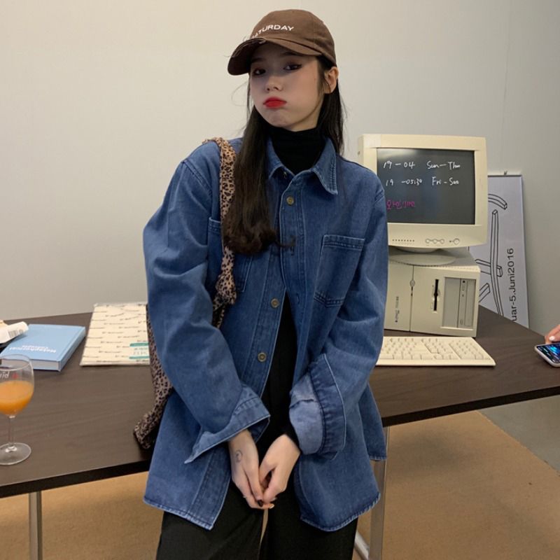 长款蓝色牛仔衬衫外套女休闲冬季百搭设计感韩版上衣复古叠穿衬衣
