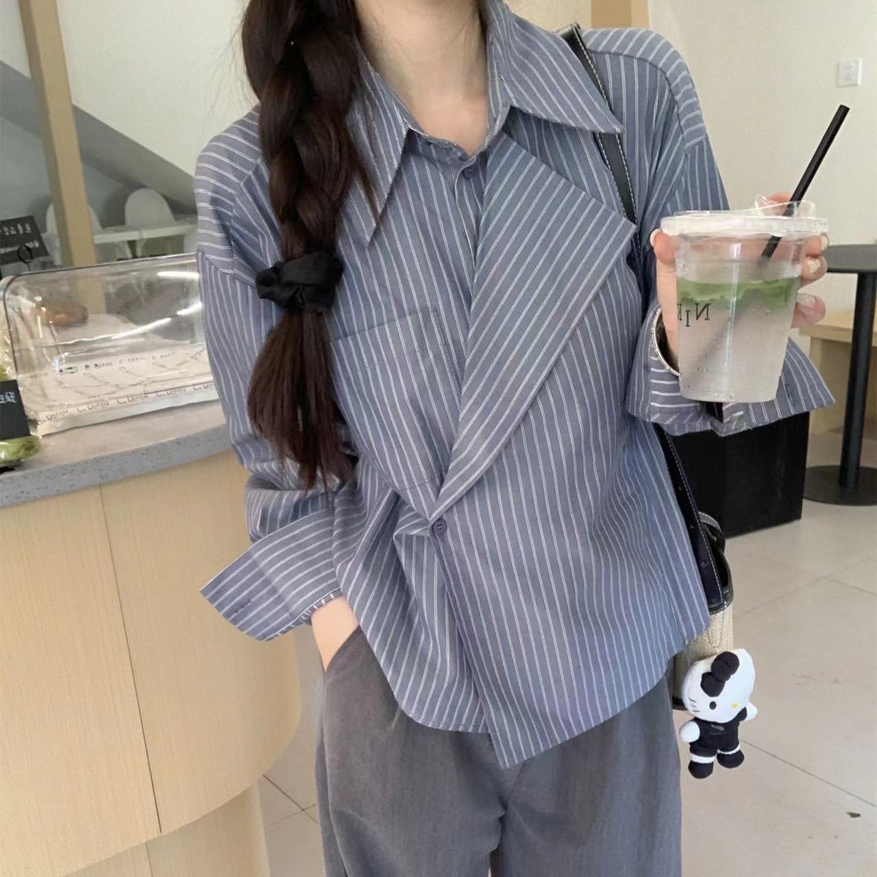 韩版港风POLO领单口袋宽松衬衫女早秋2023新款时尚衬衣复古上衣