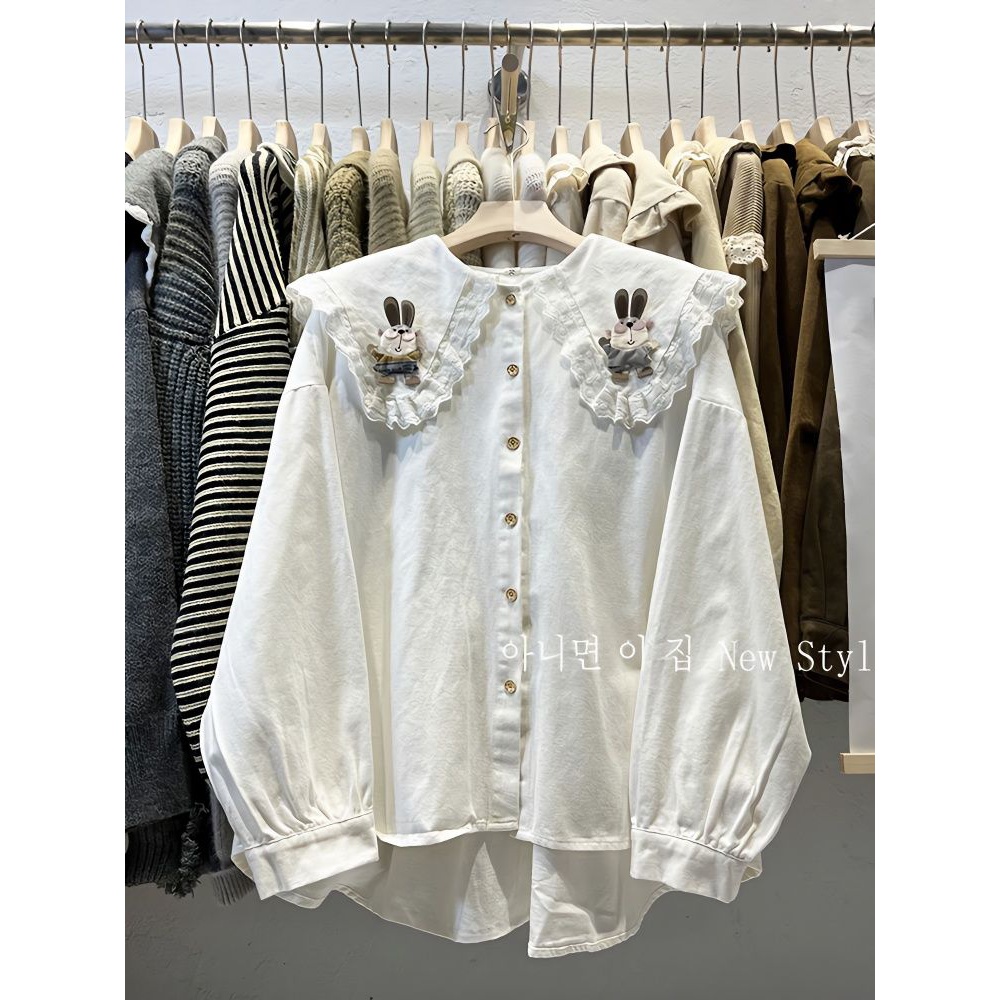减龄白色小兔子贴布衬衫洋气大码300斤百搭花边宽松长袖衬衣