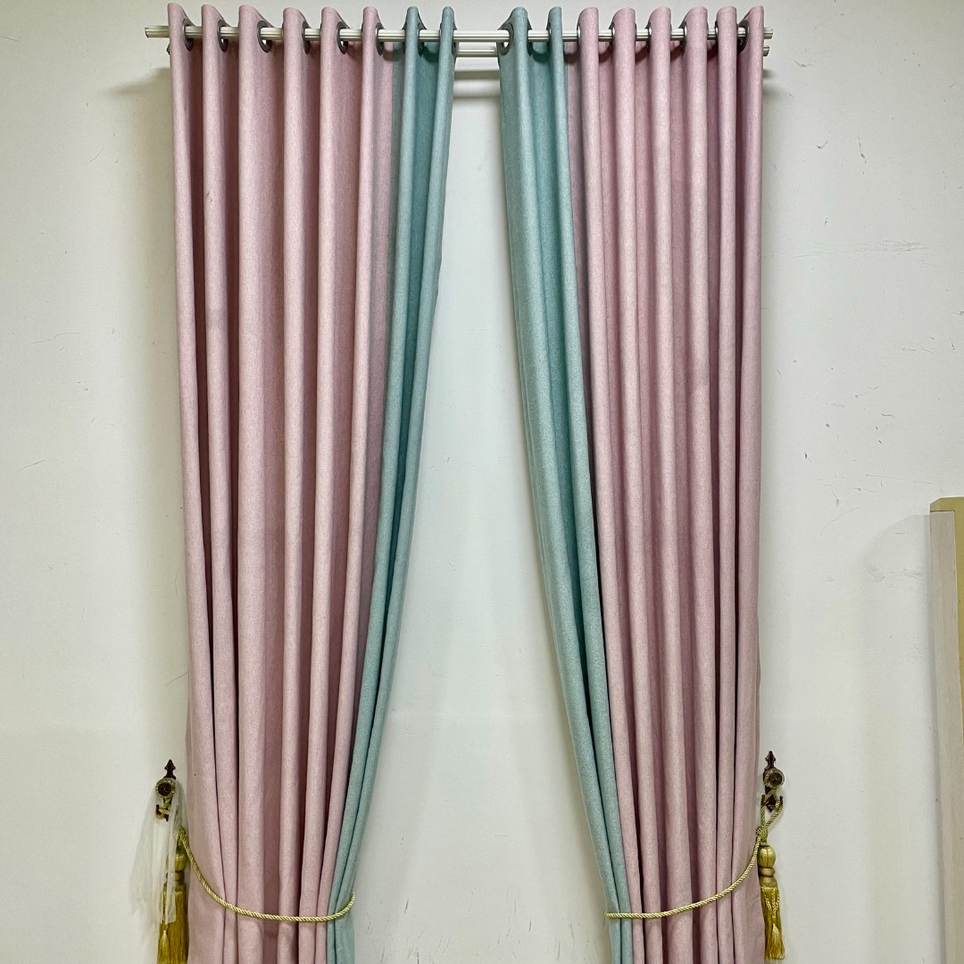 2023新款高精密麻料卧室客厅小清新粉色拼接绿色窗帘遮光百搭时尚