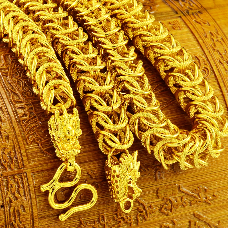 铜合金项链 男士双龙头金色项链空心粗款霸气潮流大气个性不褪色