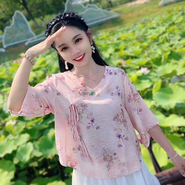 夏季短版小衫女装民国风新国风学生茶艺师茶服低领上衣中袖宽松