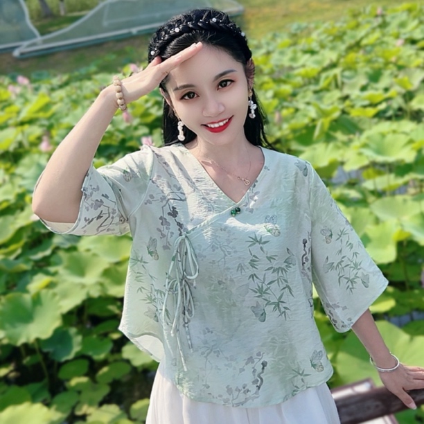 [梦蝶]夏季短版小衫女装民国风新国风学生茶服低领上衣中袖宽松
