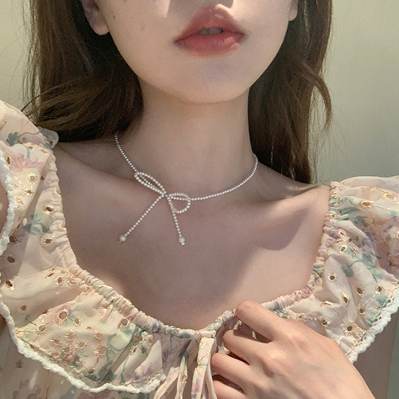铜合金项链 蝴蝶结珠珠锁骨链女超仙颈链choker短款温柔春夏项链 