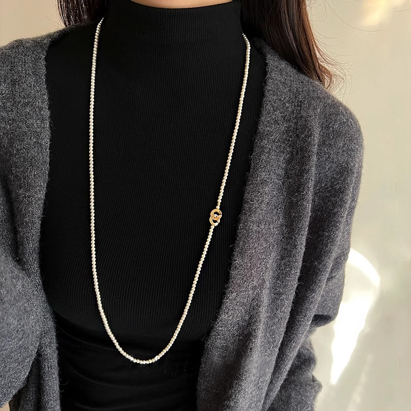 铜仿珍珠项链 小米珠叠戴项链女长款毛衣链轻奢小众高级感锁骨链 