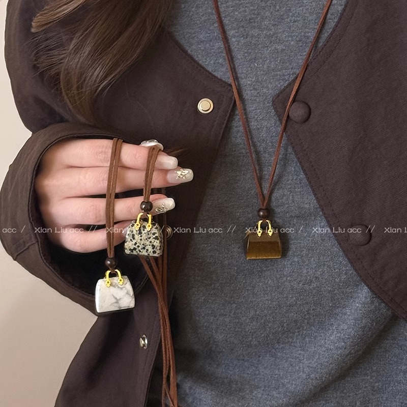 铜布艺项链 秋冬虎眼石包包长款项链女小众设计感气质毛衣链配饰 