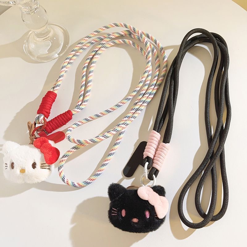 ins可爱蝴蝶结KT猫毛绒挂饰手机挂绳斜跨背带相机钥匙扣挂链通用