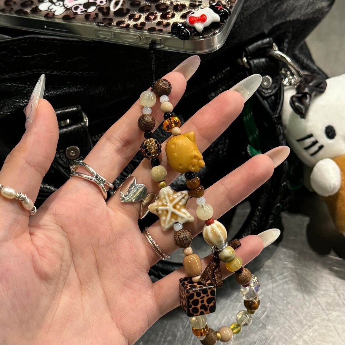 复古棕豹纹KItty猫串珠手机壳链条配饰ccd相机挂绳防丢手提绳