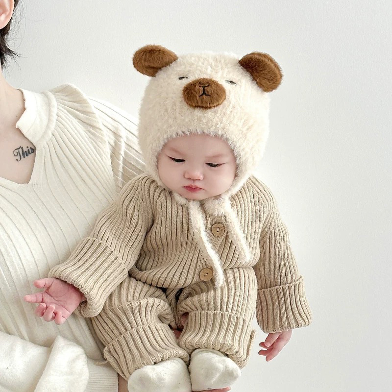 婴儿帽子秋冬款保暖加厚可爱超萌毛绒帽男女宝宝小月龄防风护耳帽