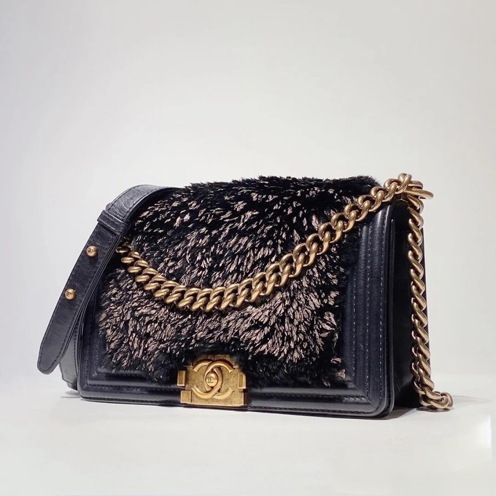 95新 Chanel/香奈儿 牛奢网/兔毛限量款leboy中号斜挎包