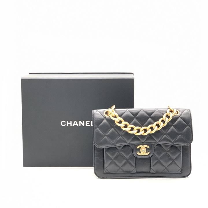 99新 Chanel/香奈儿 黑金邮差包/小羊经典黑色/大全套芯片
