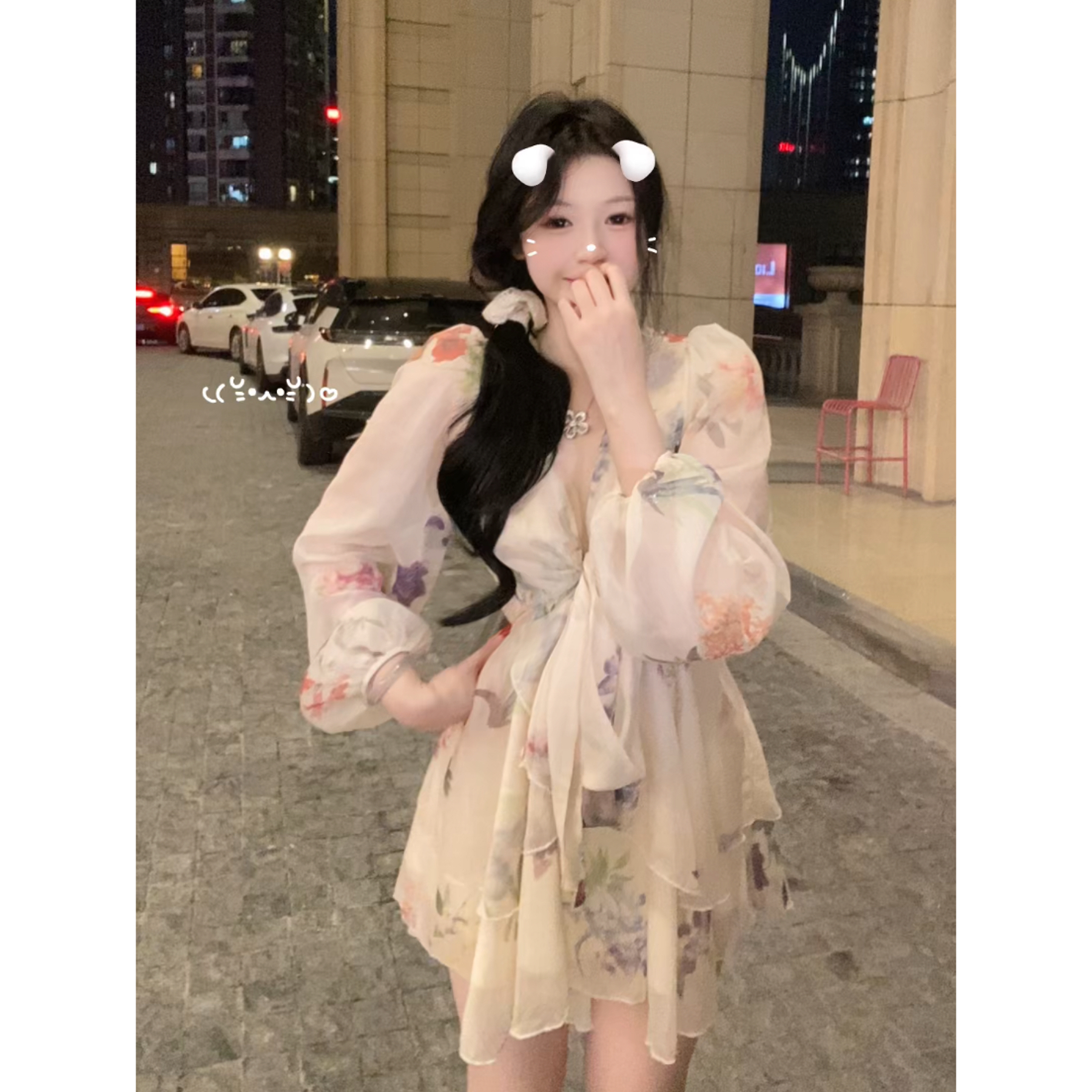 桃喜家·醉白池 纯欲显瘦收腰系带v领碎花连衣长裙