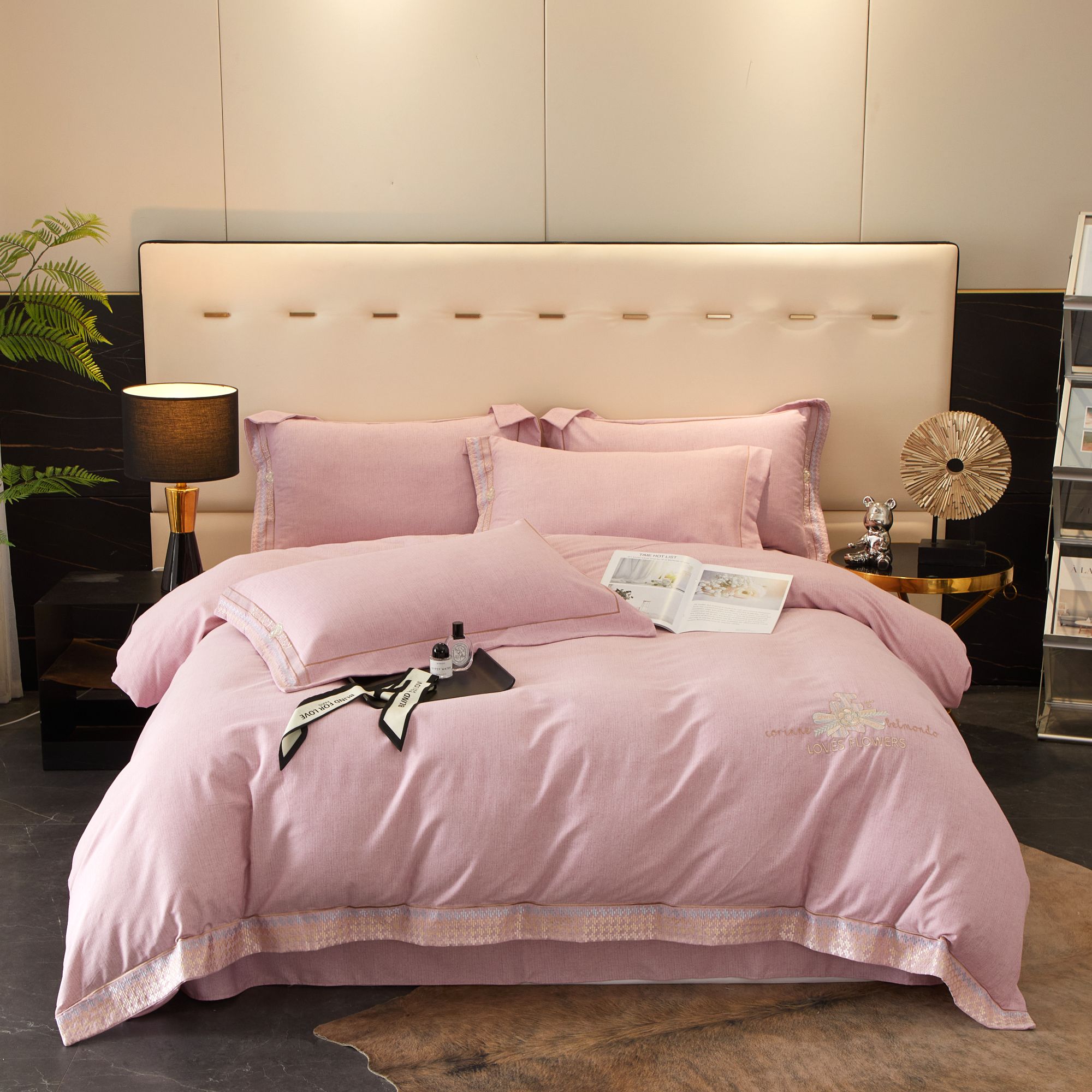 2025新品（魅惑） 宽边加厚磨毛刺绣四件套 斜纹纯色绣花四件套