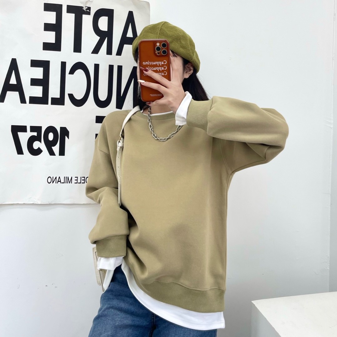  高级大地色纯色高品质假两件卫衣休闲上衣  男女同款