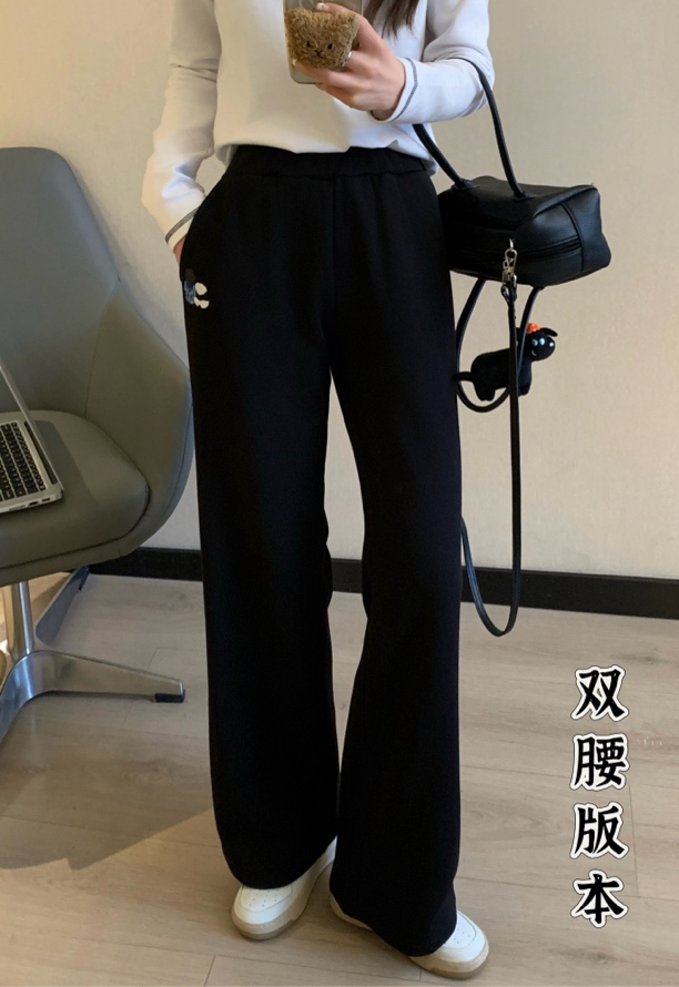 【清货 】小熊刺绣显瘦百搭直筒加绒抽绳阔腿裤892