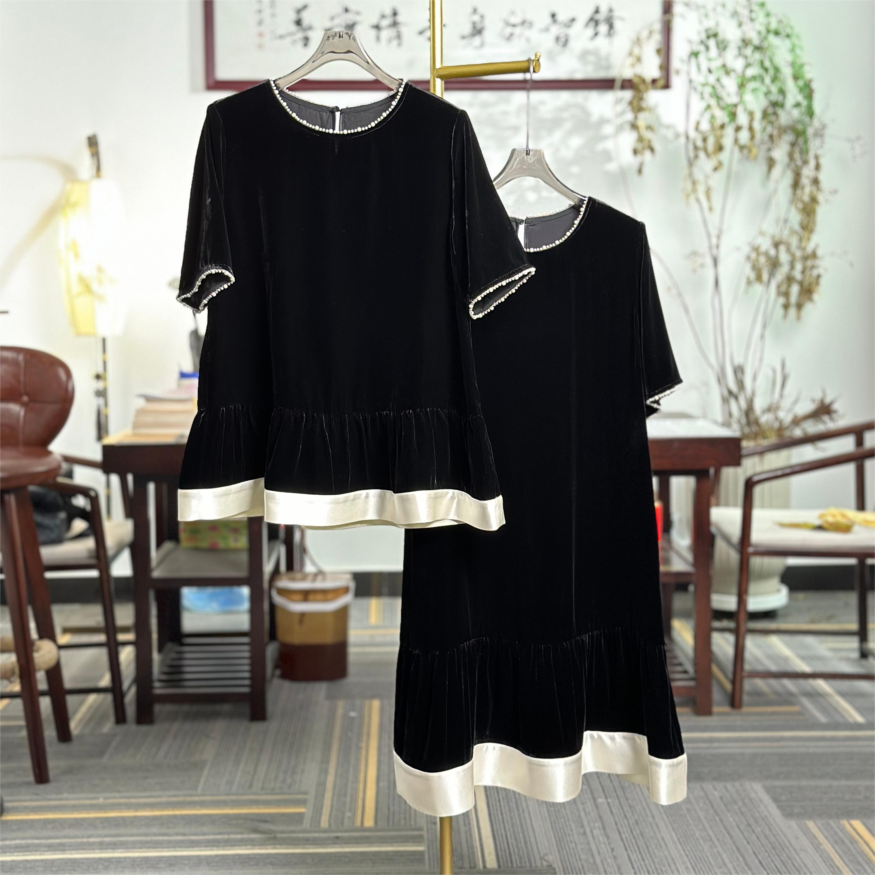 【墨语】夏季新品真丝丝绒时尚休闲黑色显瘦复古百搭气质上衣连衣裙