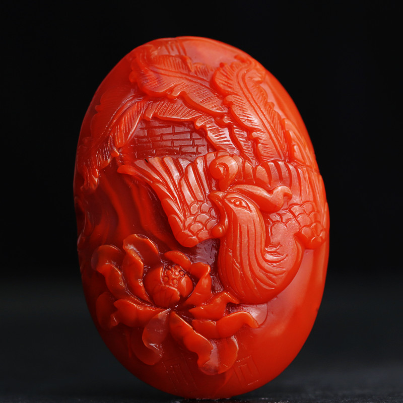 天然南红吊坠雕刻件凤凰朱雀牡丹精工雕刻毛衣链苏工精雕挂坠