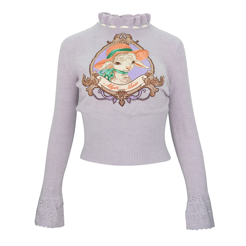 JUNGLE ME法式宫廷风紫色显白毛衣针织花边领减龄百搭修身秋冬