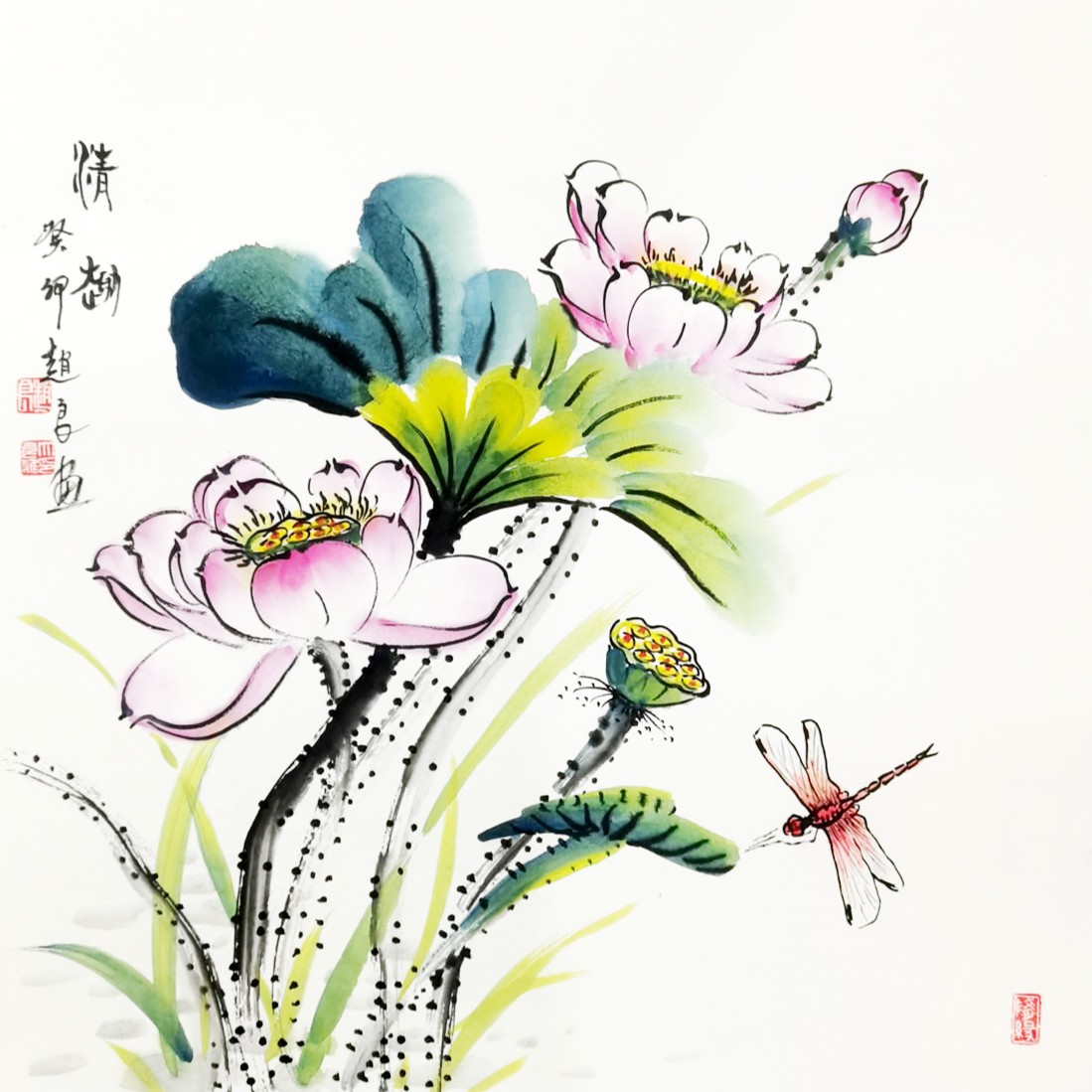 亲笔手绘荷花斗方《荷韵》系列原创（画芯）50/50cm