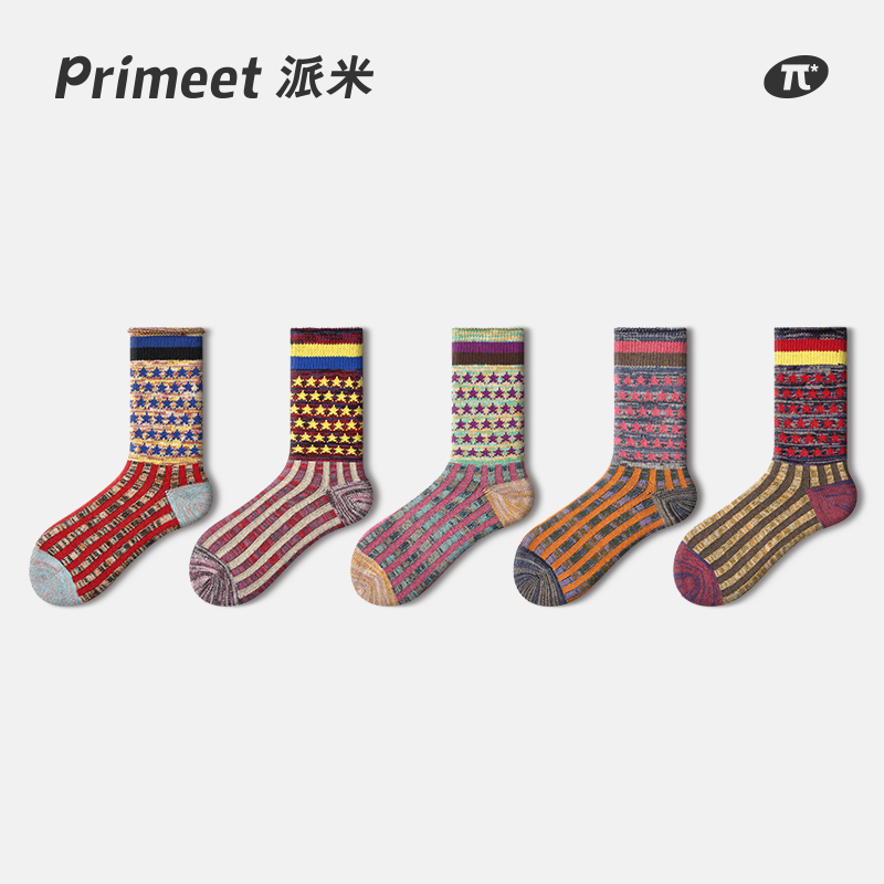 PRIMEET/派米袜子女春秋中筒袜美式复古堆堆袜日系名族风粗线棉袜