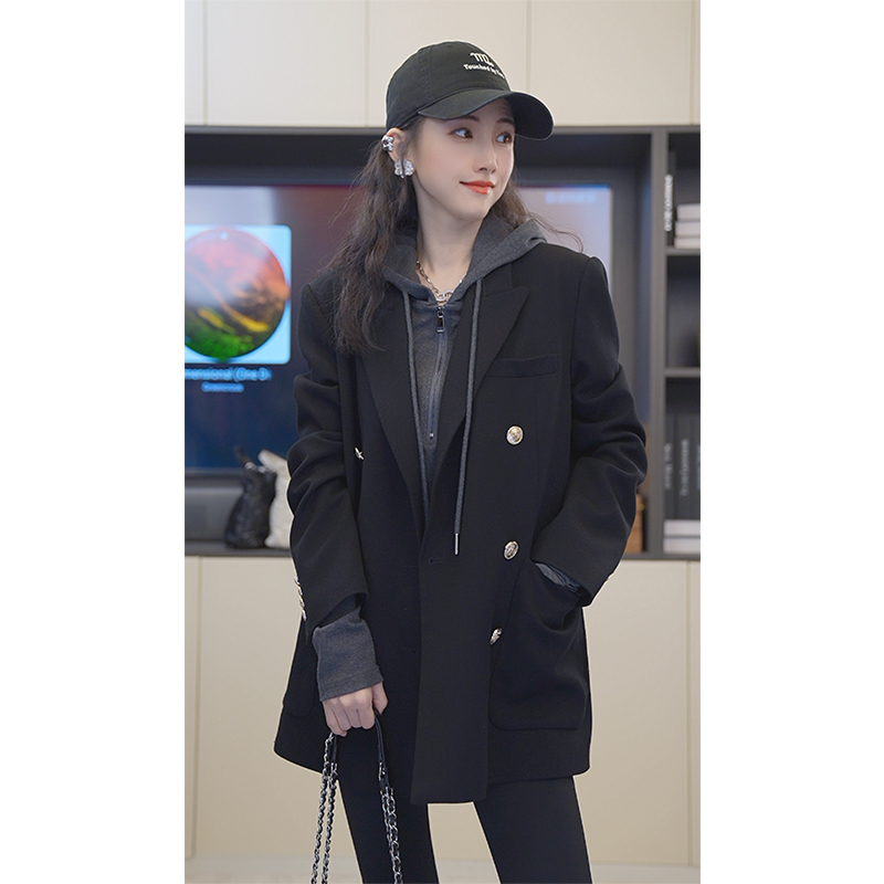 小乖逃X高级灰色西装经典设计师翻领秋冬复古双排扣宽肩西服863