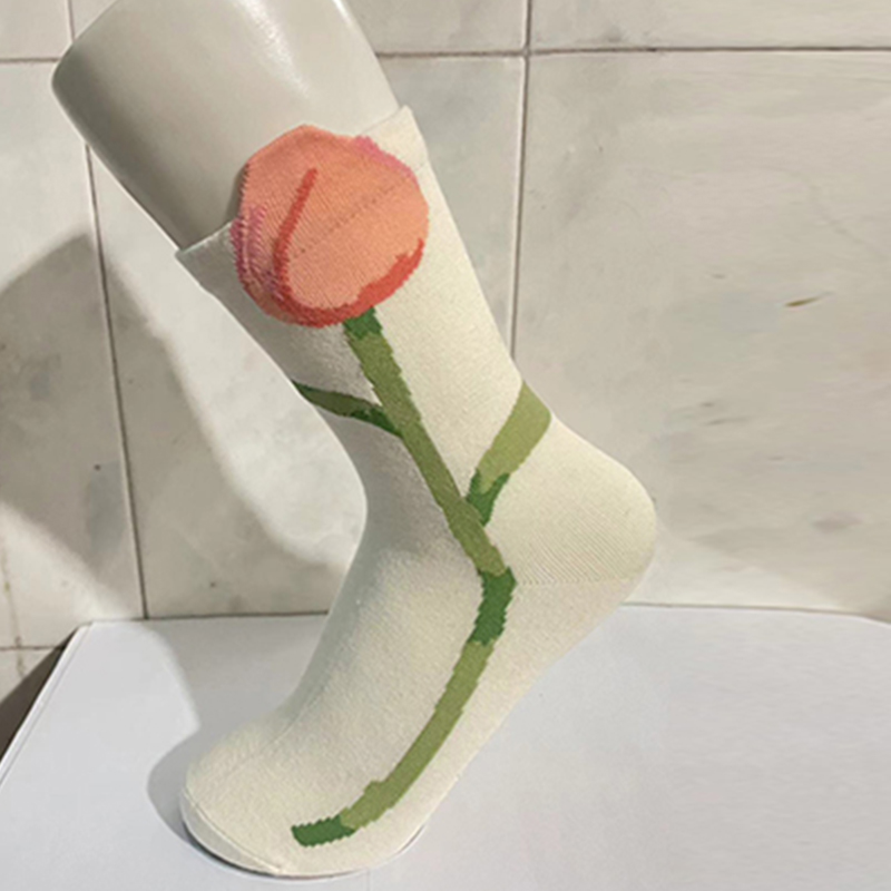 郁金香纯棉中筒绿色袜子压缩袜女袜潮袜印花