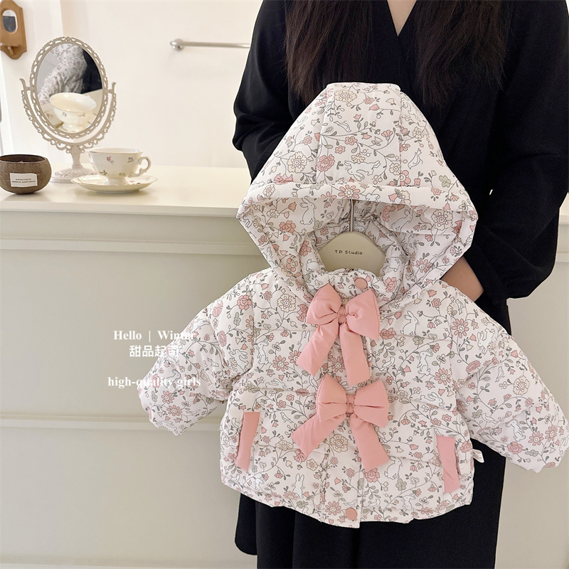 新款法式碎花小棉袄女宝兔子立体蝴蝶结棉服连帽外套儿童棉衣女童