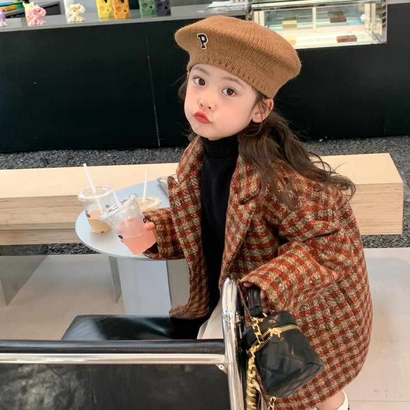女童呢子外套中小童冬季保暖儿童洋气双面呢大衣女宝宝格子大衣潮