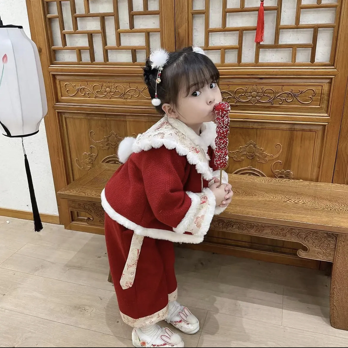 女童冬季新年套装加绒加厚中小儿童新款拜年服中国风宝宝周岁礼服