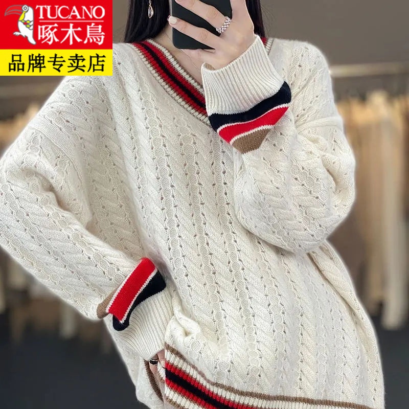 啄木鸟秋冬季新款羊毛衫女V领拼色宽松套头毛衣针织打底衫