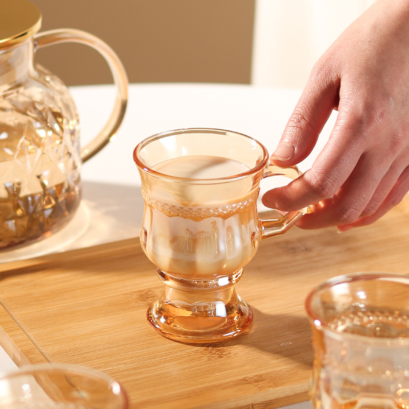 媚家网红轻奢款欧式宫廷复古风玻璃杯家用创意琥珀色茶杯咖啡杯