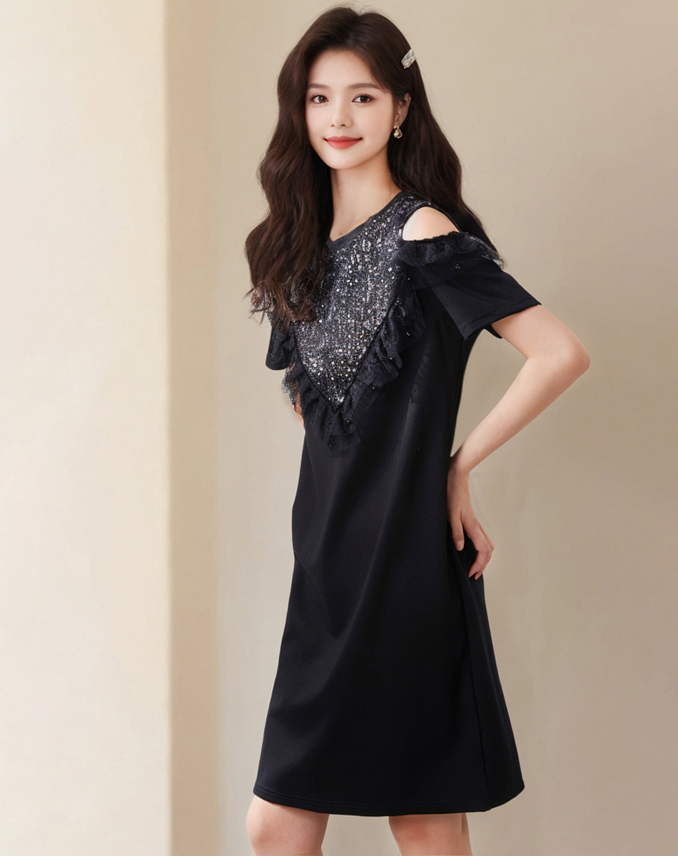 亮片领设计荷叶边露肩宽松连衣裙女夏款2024优雅名媛小黑裙显瘦