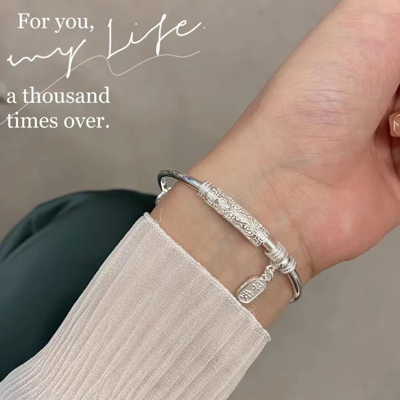 足银手镯  39号平安喜乐推拉实心足银手镯个性简约