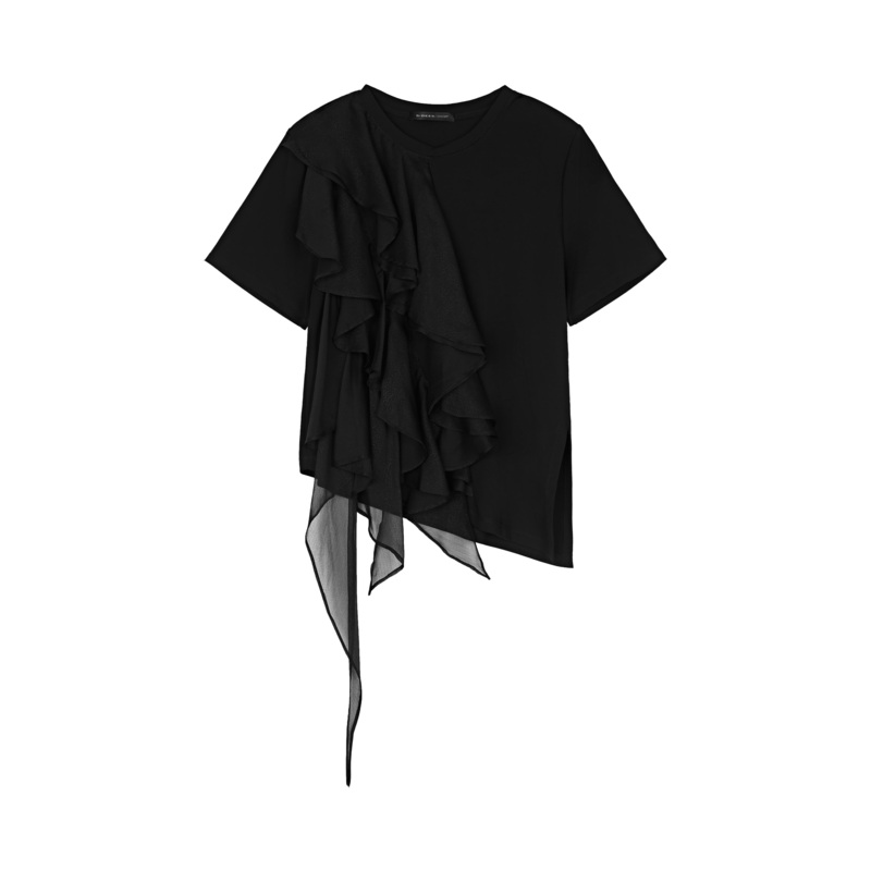 圣迪奥女装时尚气质休闲圆领网纱拼接黑色不规则短袖T恤S222Z0146