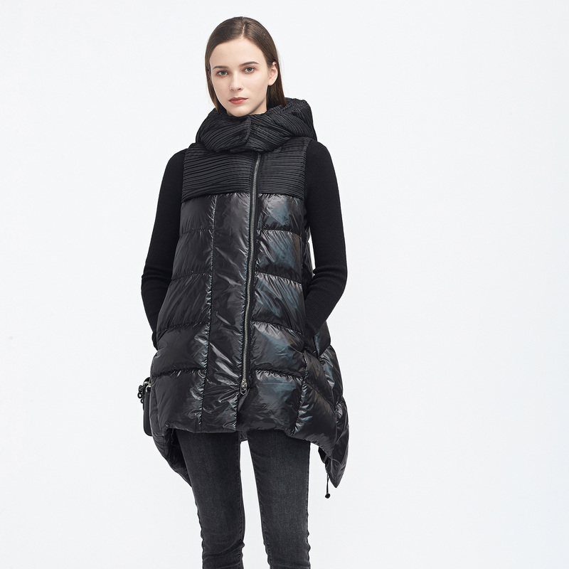 sdeer圣迪奥女装时尚高领连帽肌理拼接中长款背心羽绒服S20482488