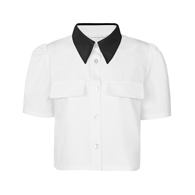S·DEER圣迪奥女装时尚休闲学院风翻领撞色抽褶短款衬衫S22260411