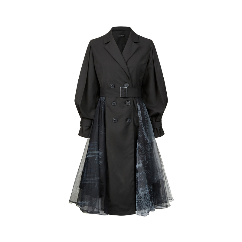 sdeer圣迪奥女装时尚气质西装领收腰印花欧根纱长款风衣S223Z1837