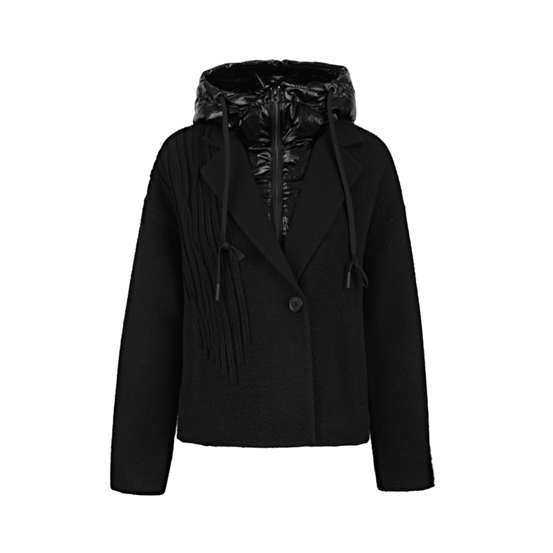 S·DEER圣迪奥女装连帽拼接假两件黑色女士肌理毛呢外套S21482215