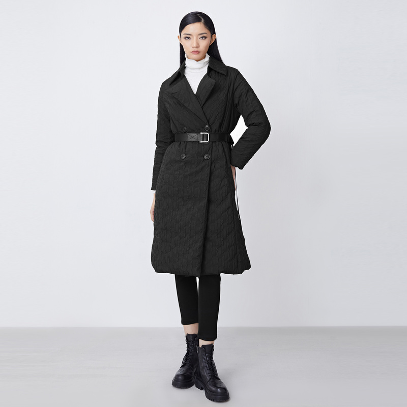 sdeer圣迪奥女装休闲翻领双排扣肌理收腰长款羽绒服S21482458