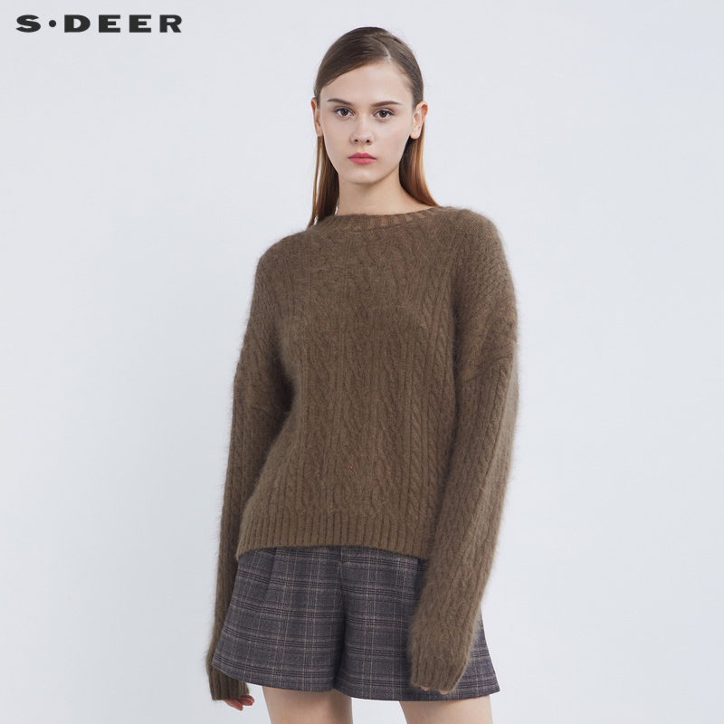 S·DEER圣迪奥女装时尚慵懒罗纹圆领钩花宽松长袖针织衫S21483516