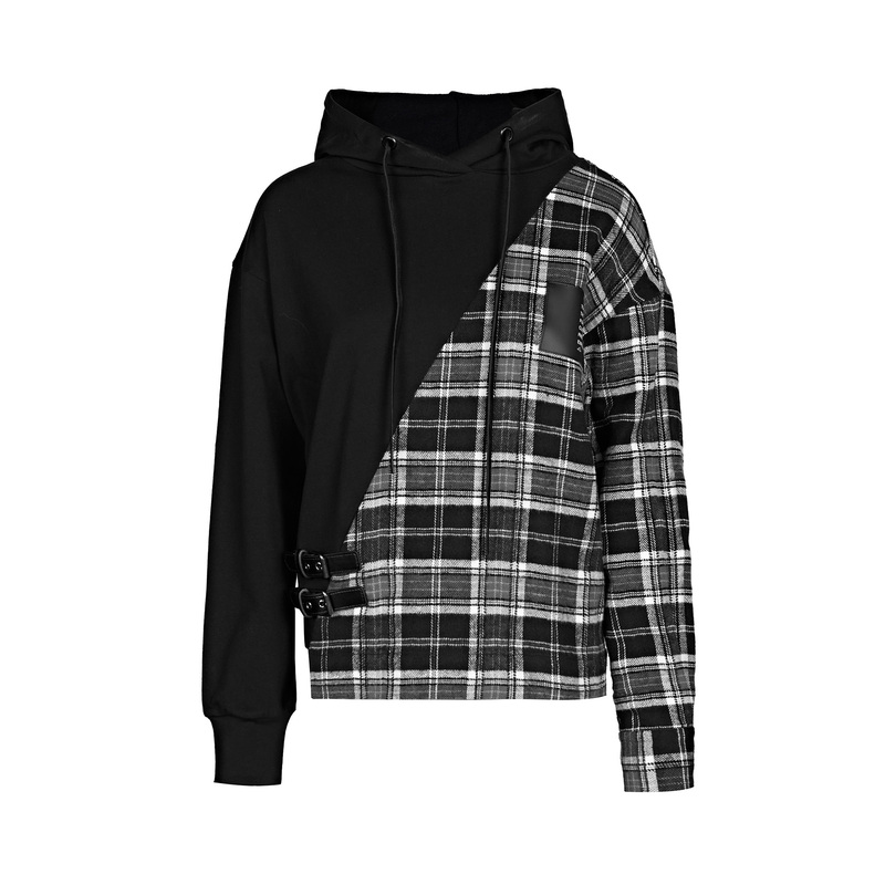 S·DEER圣迪奥女装高端抽绳连帽格纹拼接不规则卫衣外套S21482220