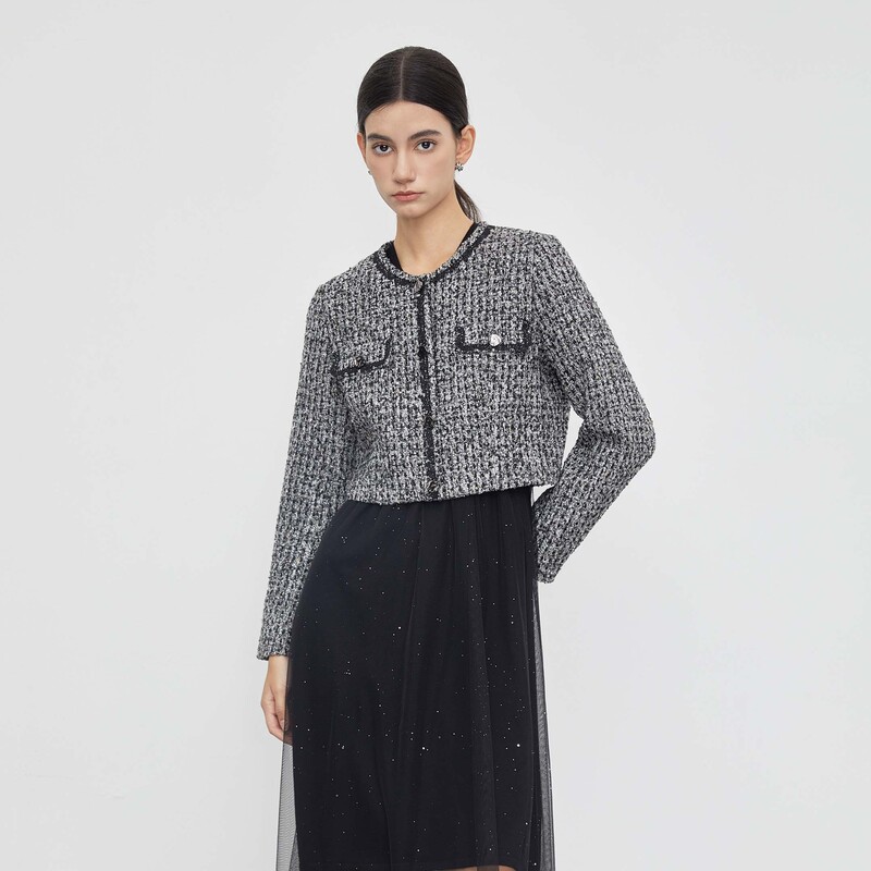 sdeer圣迪奥女装时尚气质小香风圆领花边毛呢短款外套S23462205