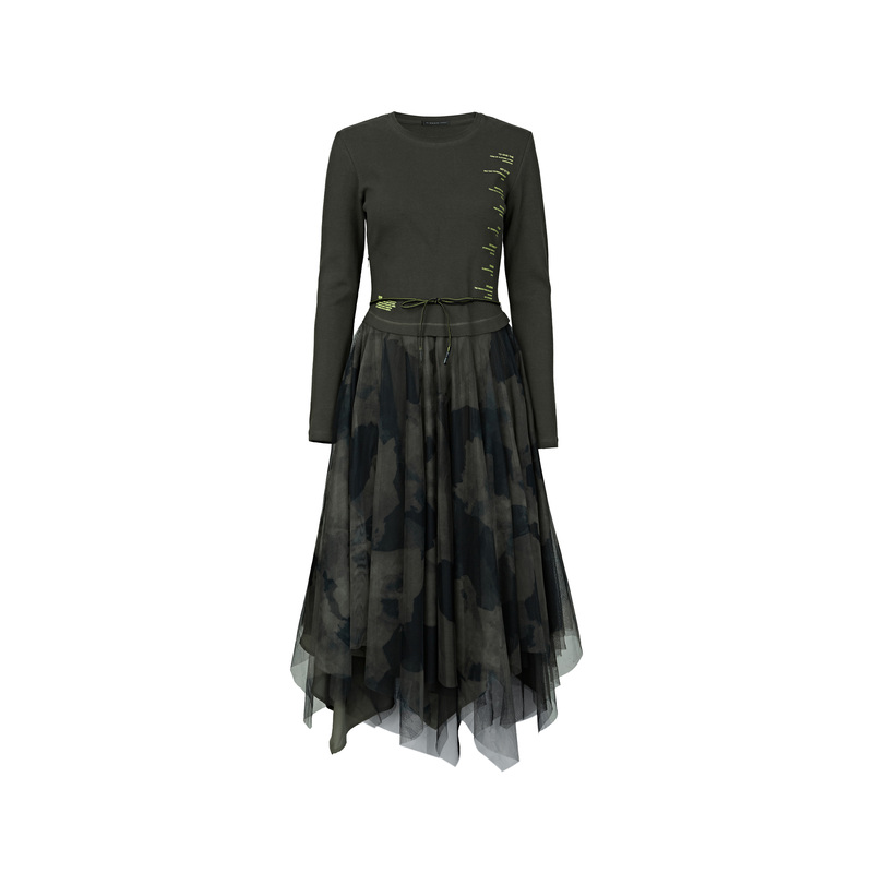 圣迪奥女装时尚气质圆领字母晕染收腰网纱长袖连衣裙 S22181213