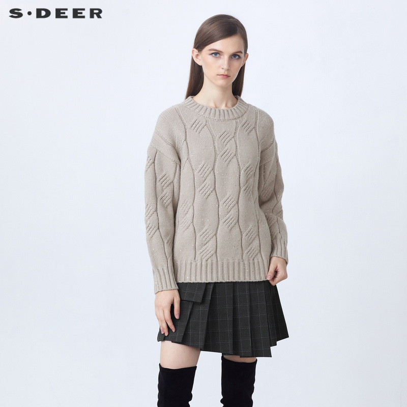 圣迪奥罗纹圆领钩花亮片长袖时尚百搭休闲复古正品毛衣S21483521